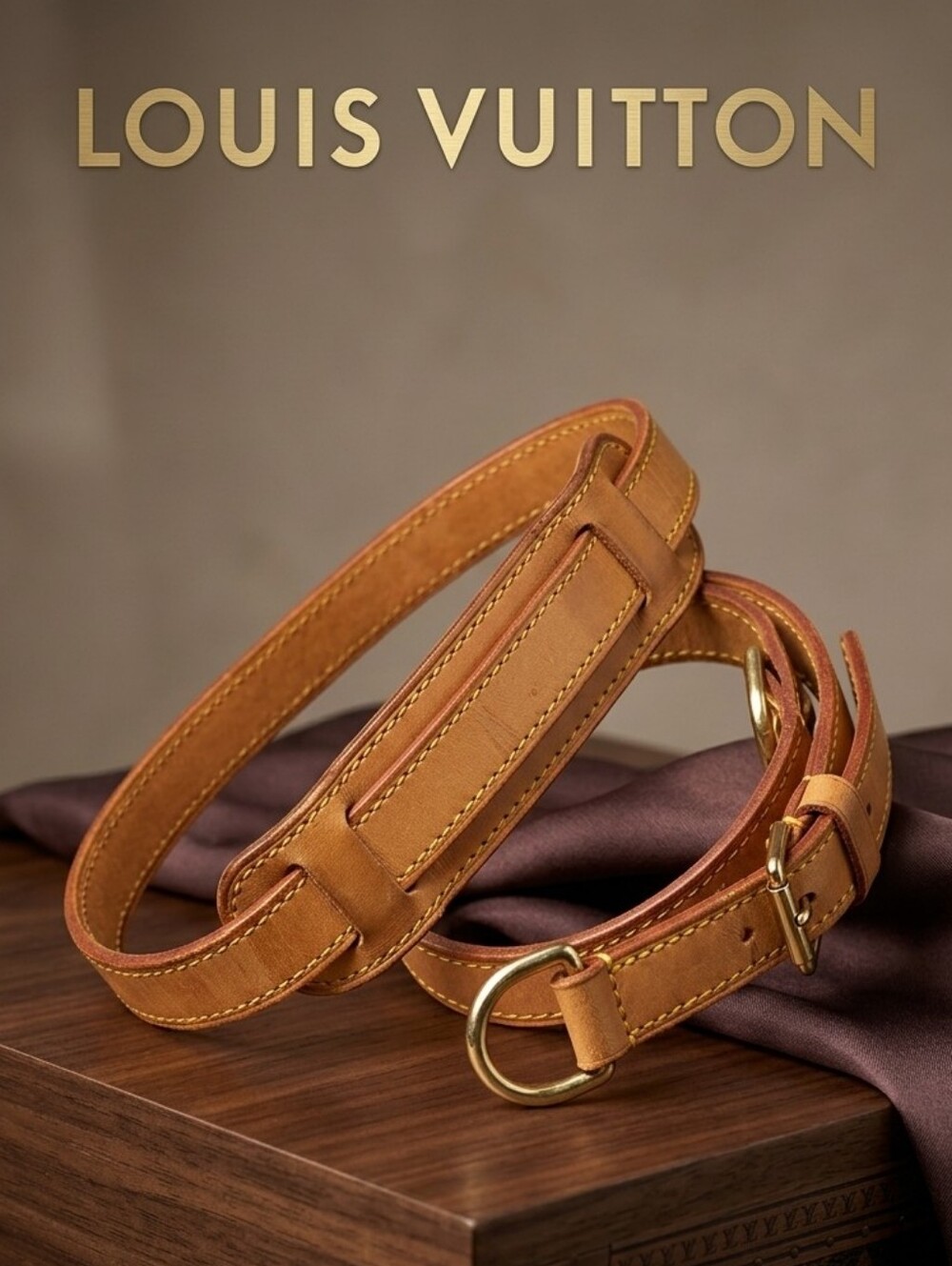 Louis Vuitton Tan Leather Bag Strap with Gold-Tone Hardware